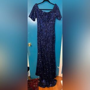 Elegant Blue Sequin Off The Shoulder Dress